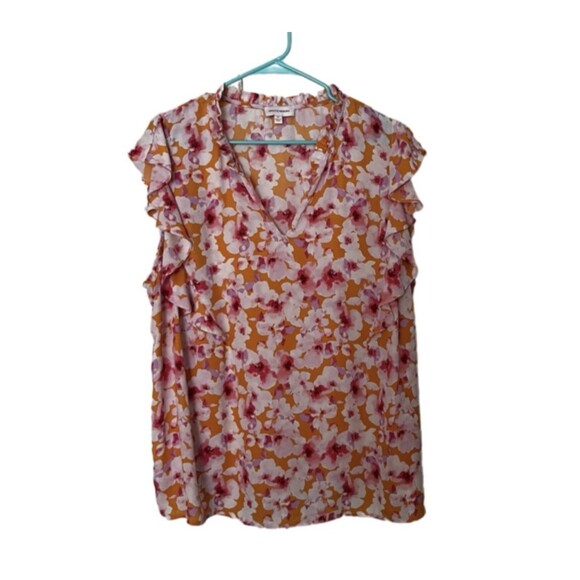Molly & Isadora Blouse Women’s 2X Plus White Pink Floral Short Sleeve Flowy Top - Picture 2 of 7